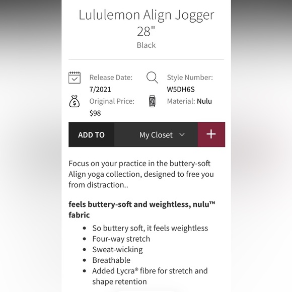 NWOT $98 Lululemon Align Jogger 28"
Black - Picture 6 of 10